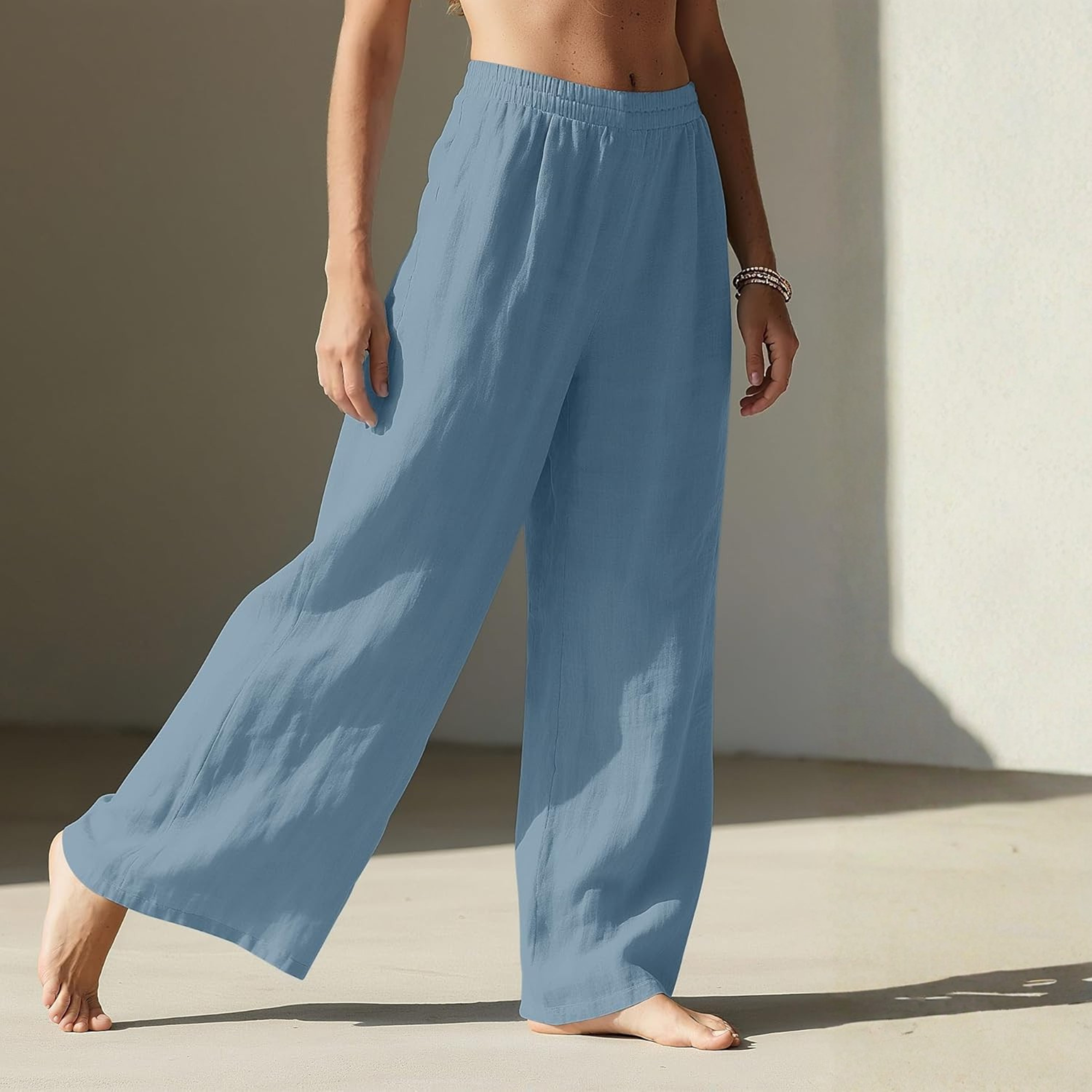 Linen Wide Leg Palazzo Pants with Elastic Waist Pockets