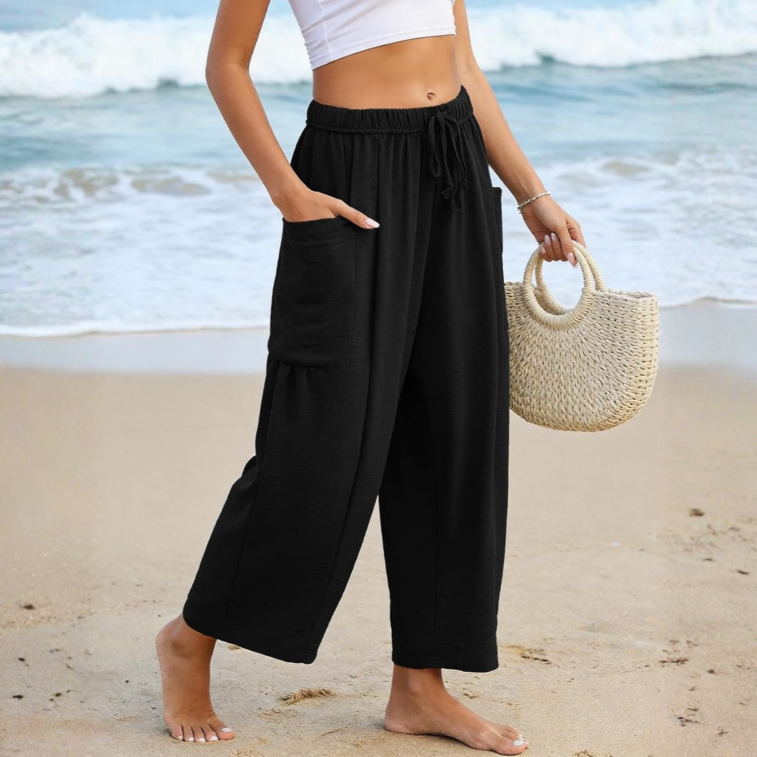 High Rise Flowy Palazzo Wide Harem Pants for Women With Drawstring and Pockets