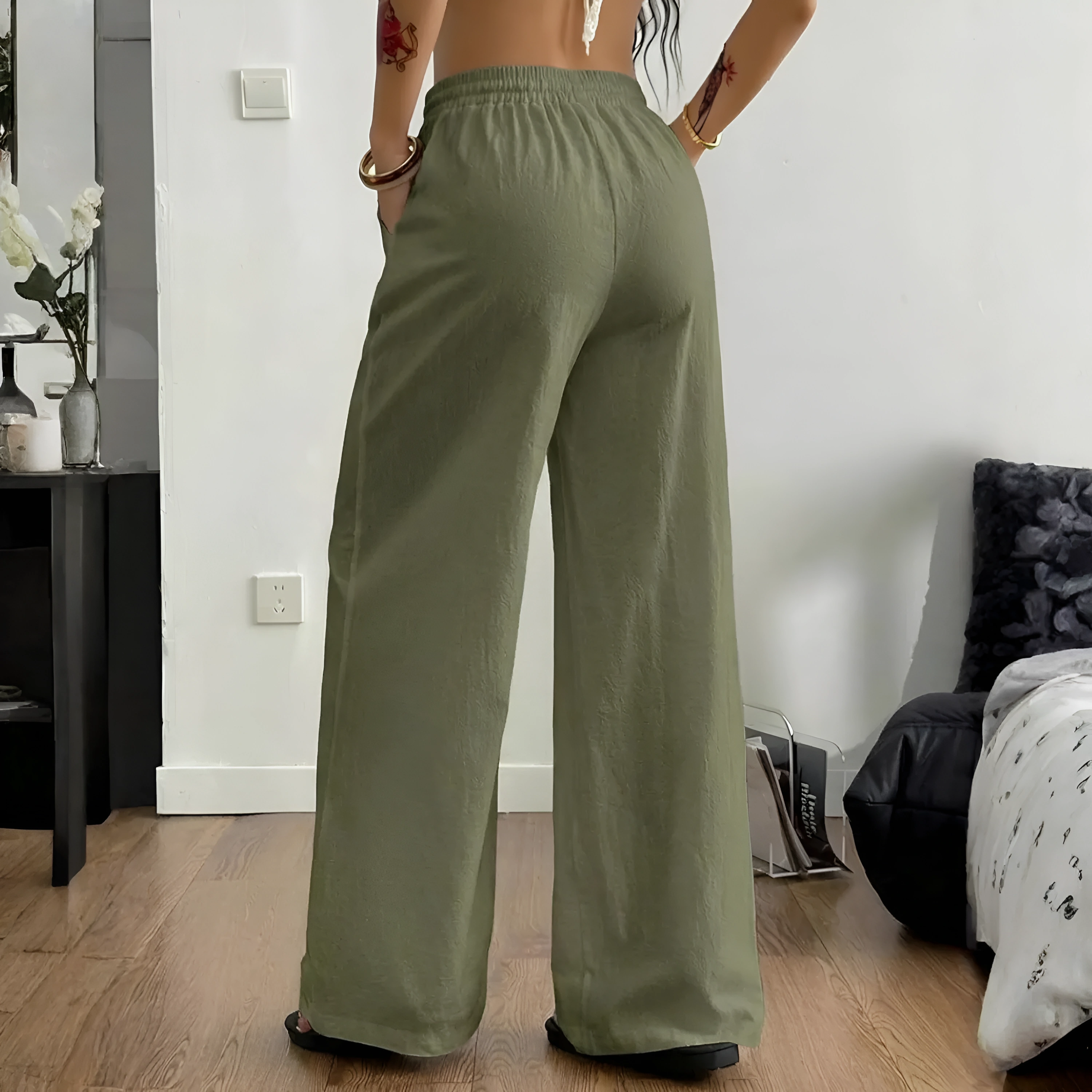 Boho Linen Wide Palazzo Drawstring Pants for Women