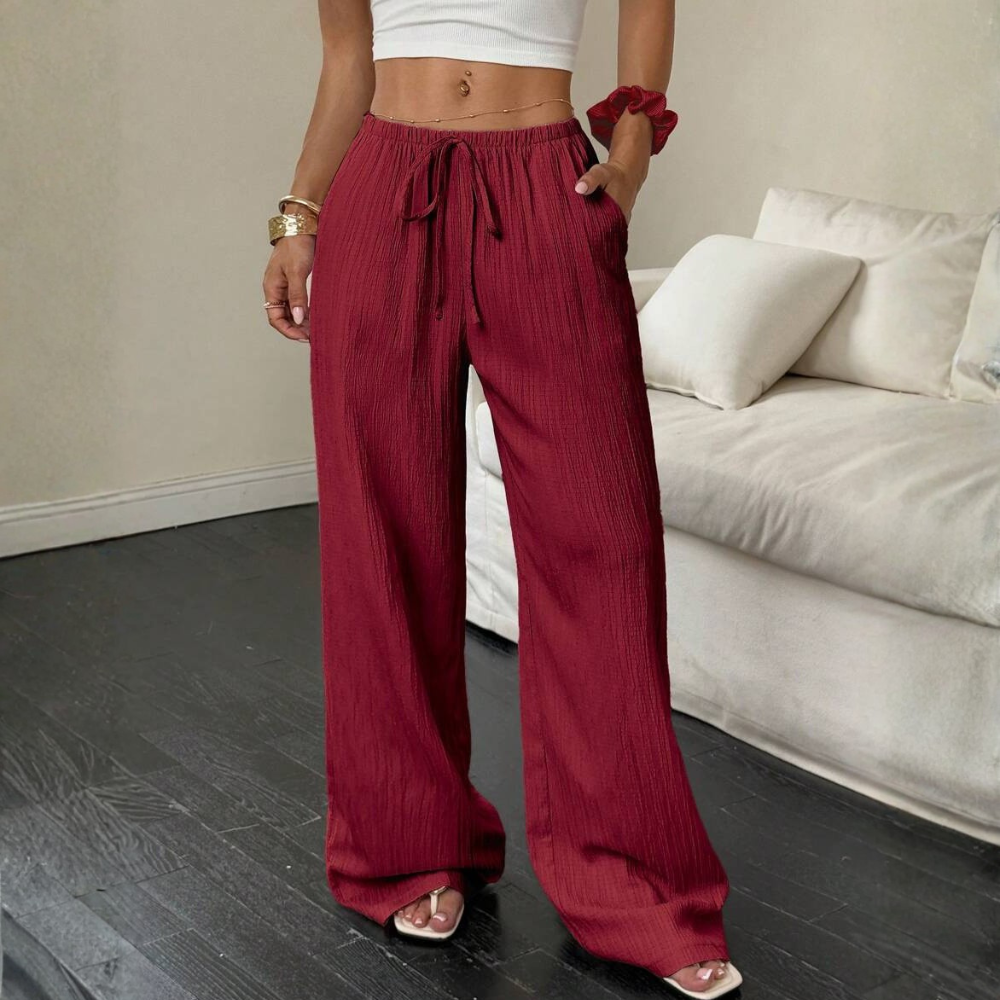 Solid Pocket Wide Loose Casual Pants For Women