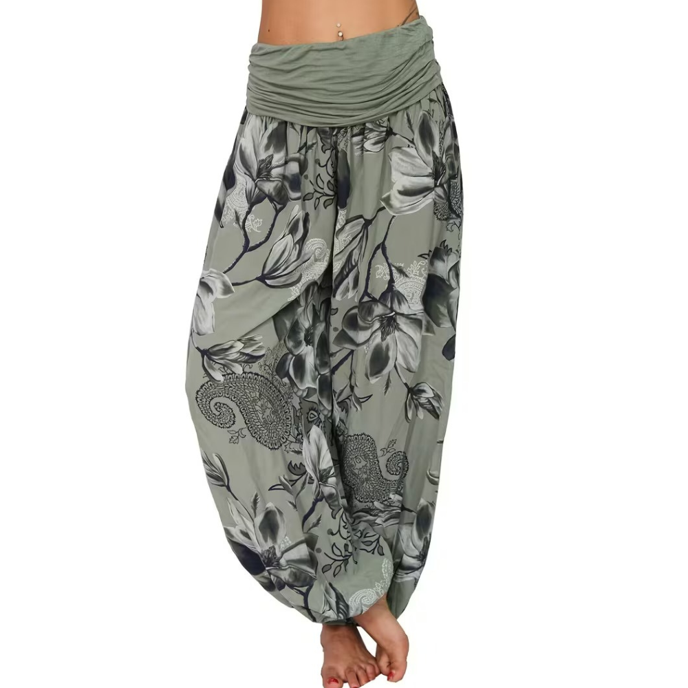 Boho Floral Print Ruched Harem Pants For Women