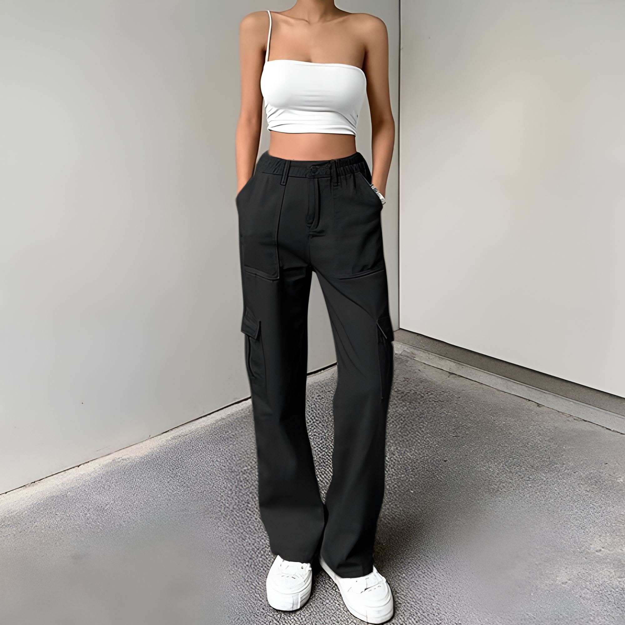 Women Black High Waist Cargo Pants