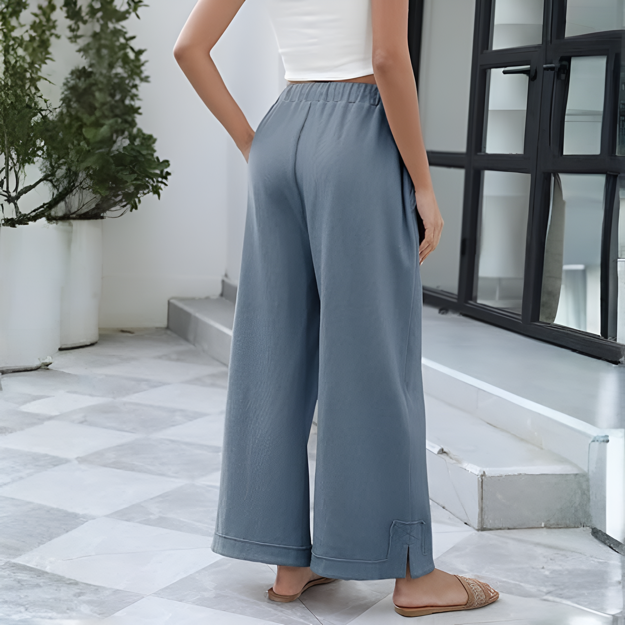 [Copy]High Waist Cropped Wide PantsLoose Fit Drawstring Wide Trousers - Image 6
