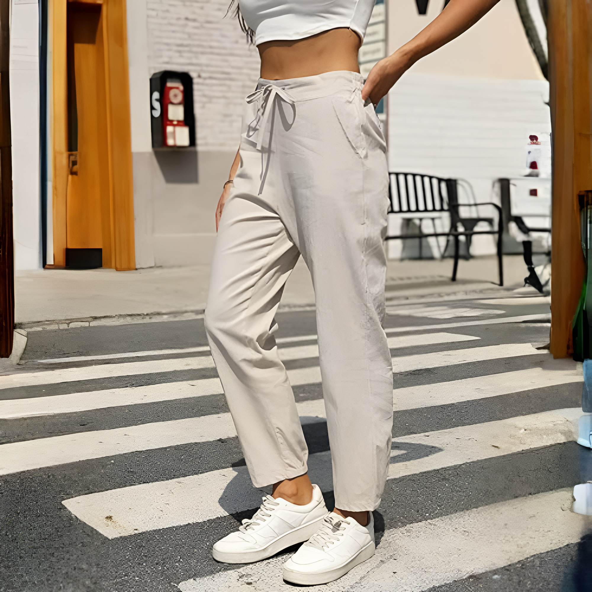Linen Pants for Women Summer Casual High Waisted Drawstring White Beach Pant