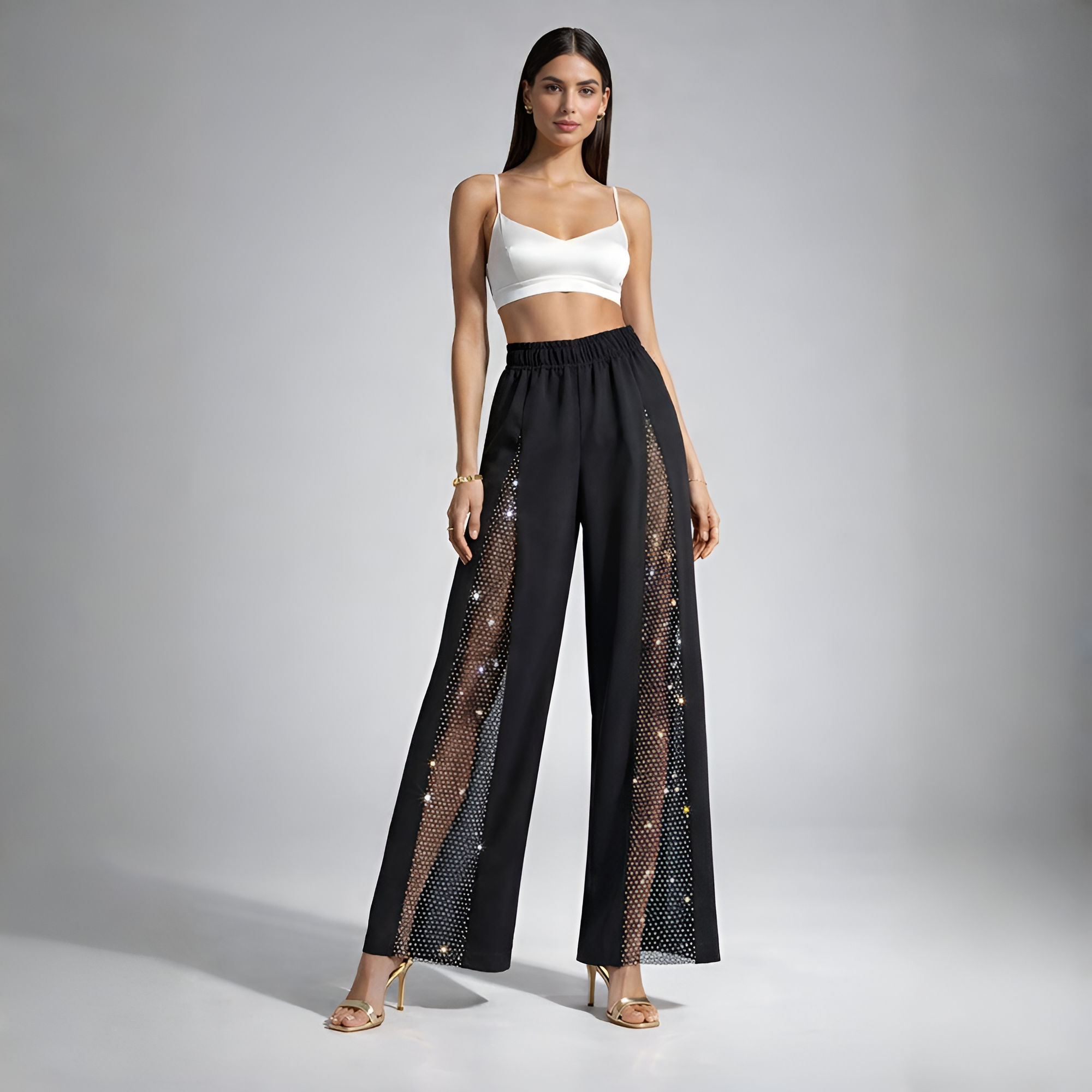 Women's warm trousers with mesh and rhinestones