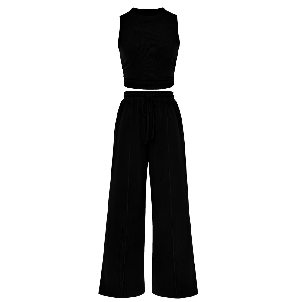 2 Piece Outfits Set With Sleeveless Crop Top And Wide Pants For Women