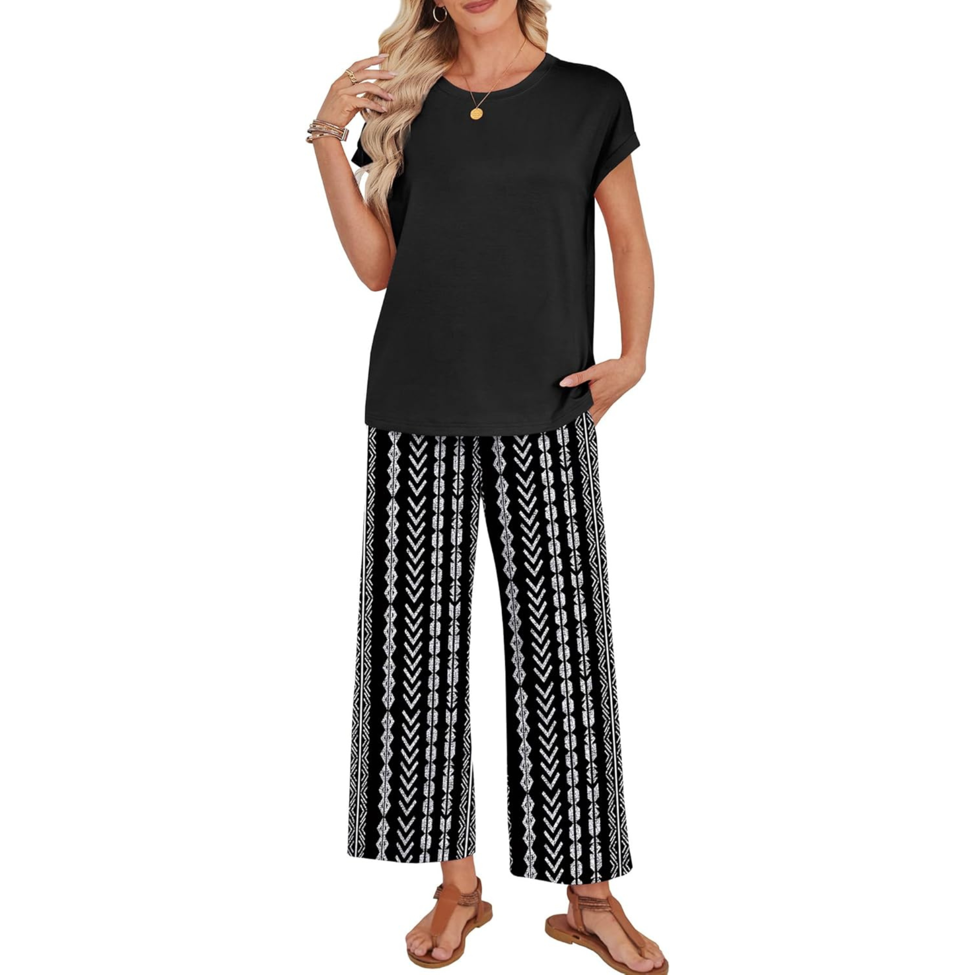 Women Two Piece Lounge Set with Wide Leg Pants