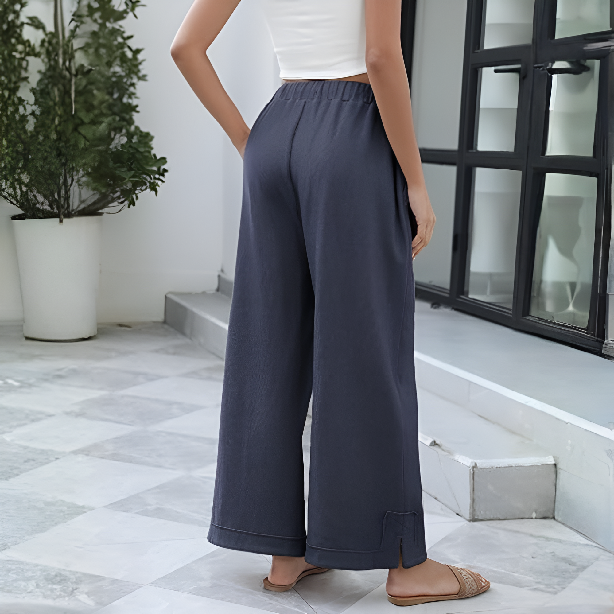 [Copy]High Waist Cropped Wide PantsLoose Fit Drawstring Wide Trousers - Image 22