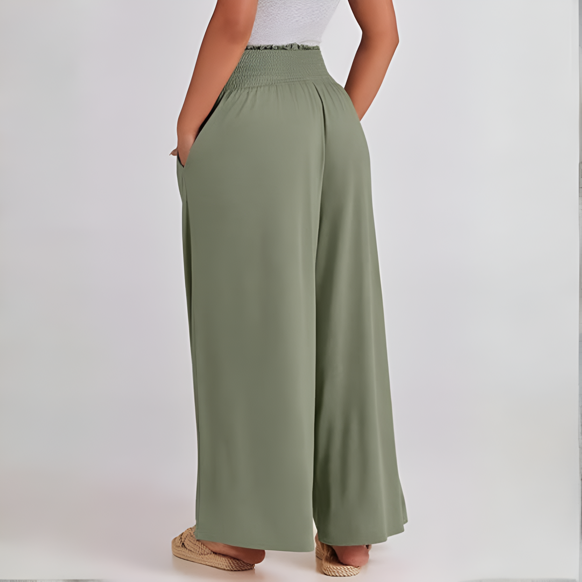 Casual Smocked Waist Wide Shank PantsSummer Boho Palazzo Pants With Baggy Fit And Loose Lounge Design For Women - Image 15