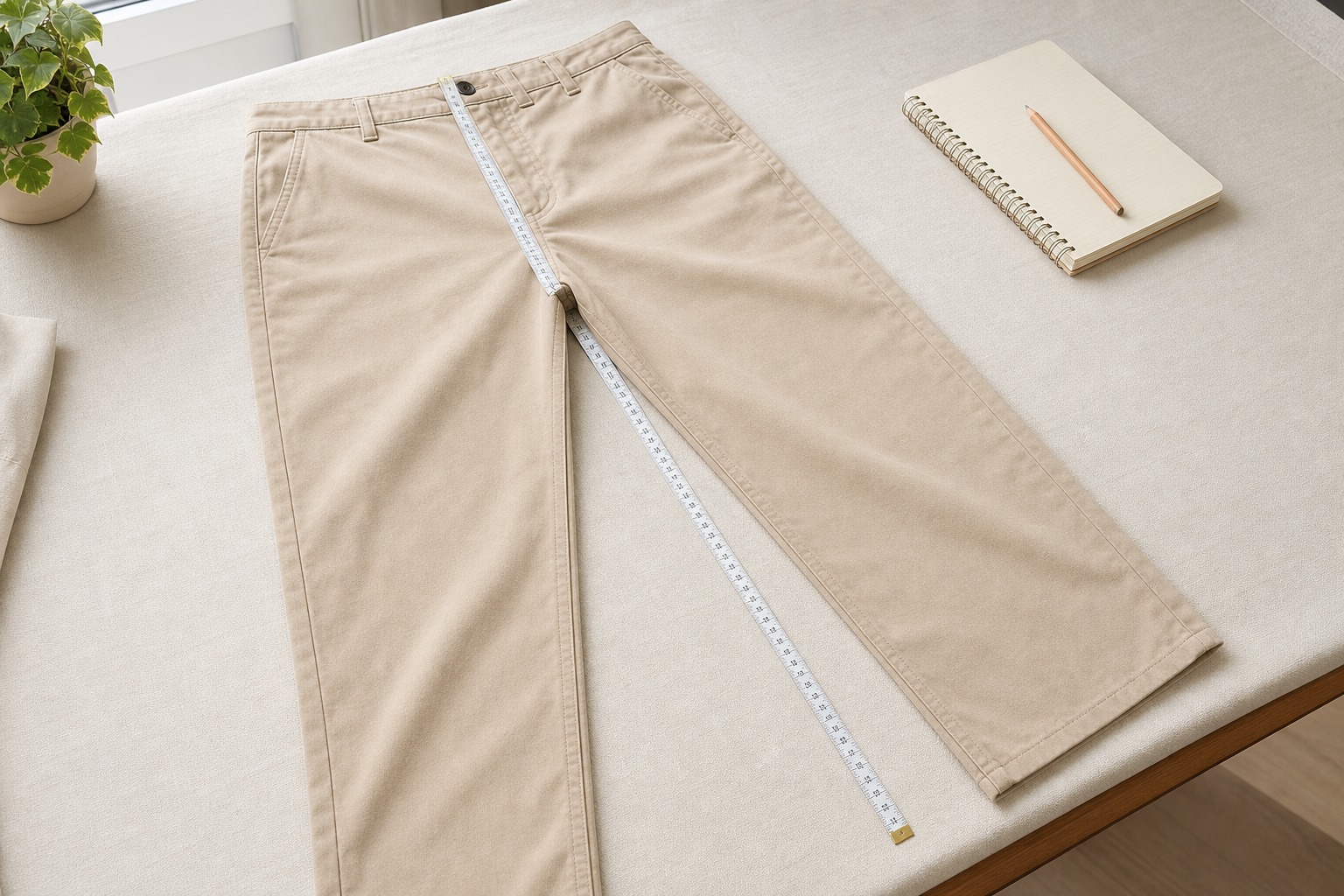 Relaxed beige pants measured along the rise and inseam with a flexible measuring tape