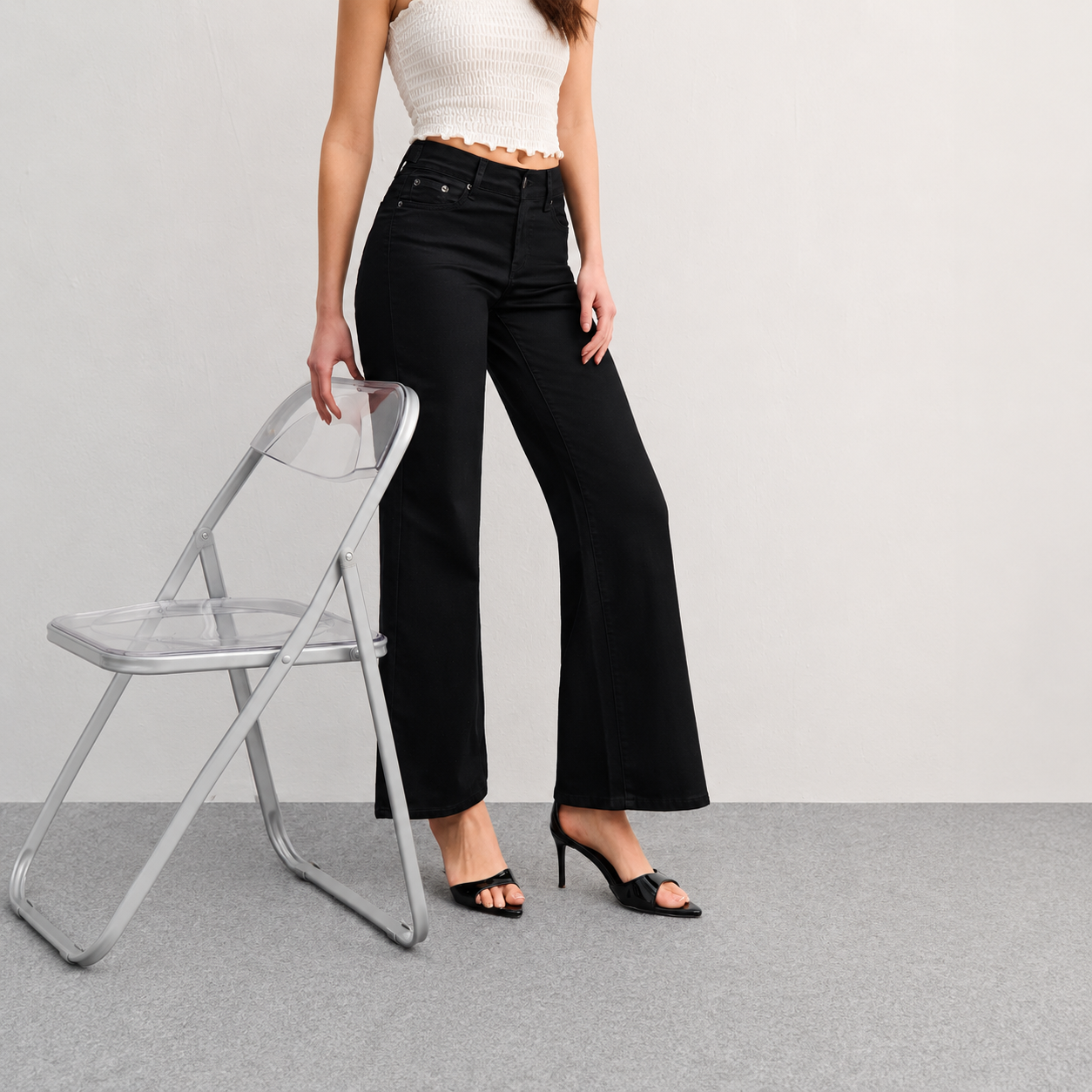 High Rise Wide Straight Baggy Jeans With Snap Button Waistband For Women