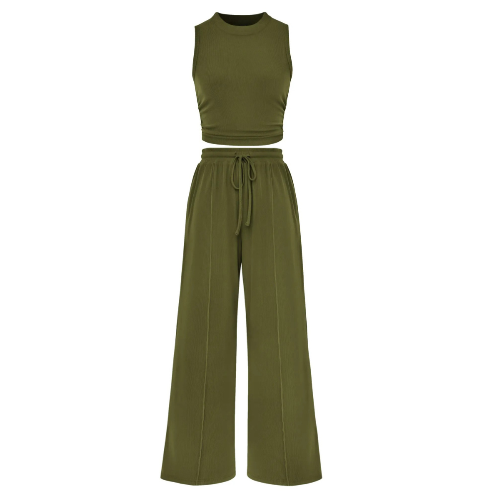 2 Piece Outfits Set With Sleeveless Crop Top And Wide Pants For Women