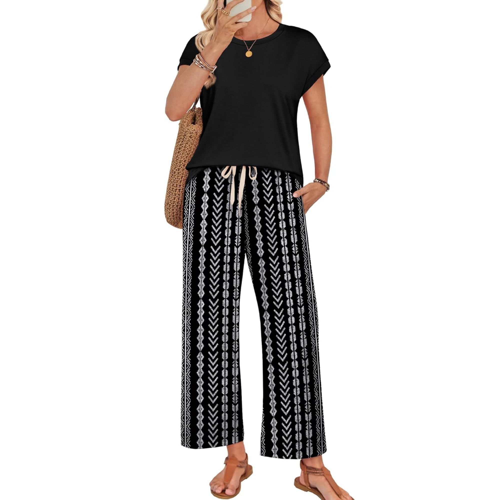 Women Two Piece Lounge Set with Wide Leg Pants