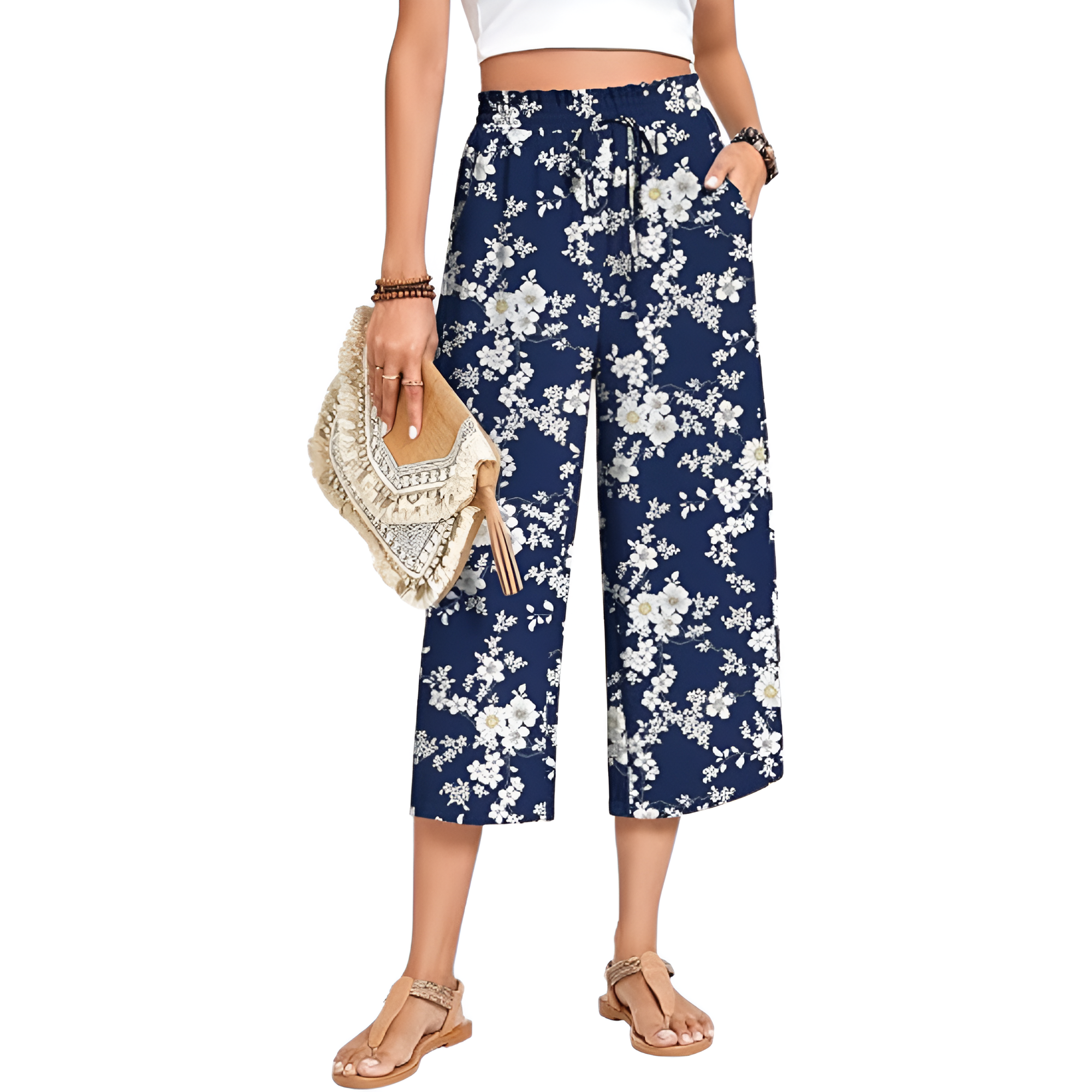 Wide Fit Casual Capri Pants With Pockets For Women