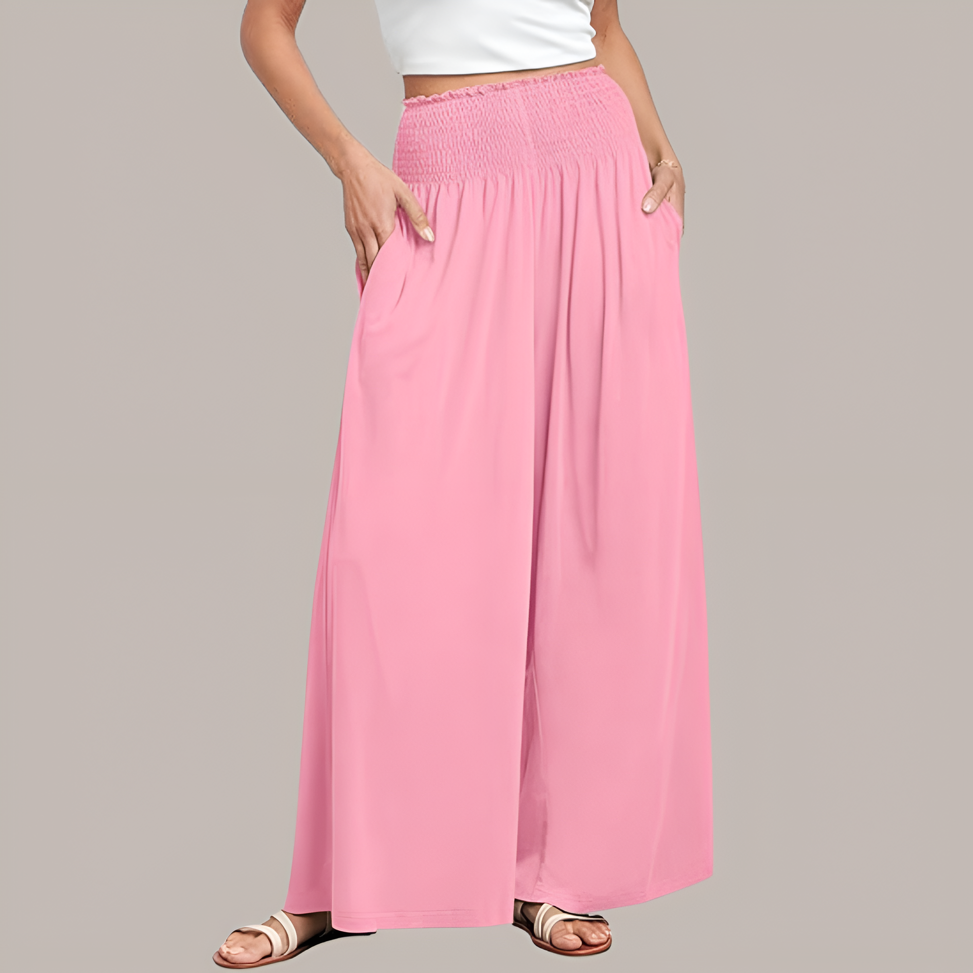 Casual Smocked Waist Wide Shank PantsSummer Boho Palazzo Pants With Baggy Fit And Loose Lounge Design For Women - Image 10