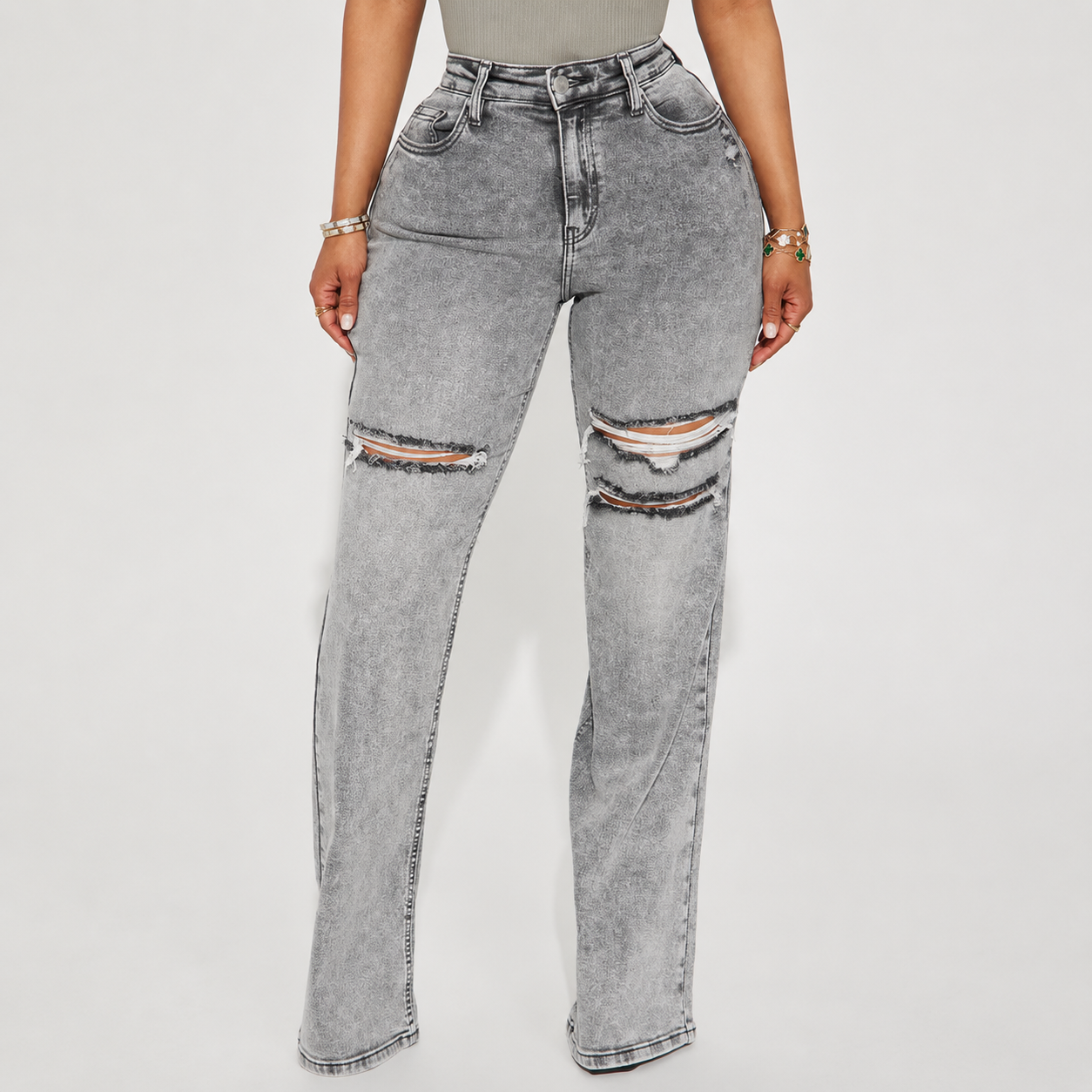 Semi Ripped Stretch Baggy Jeans For Women