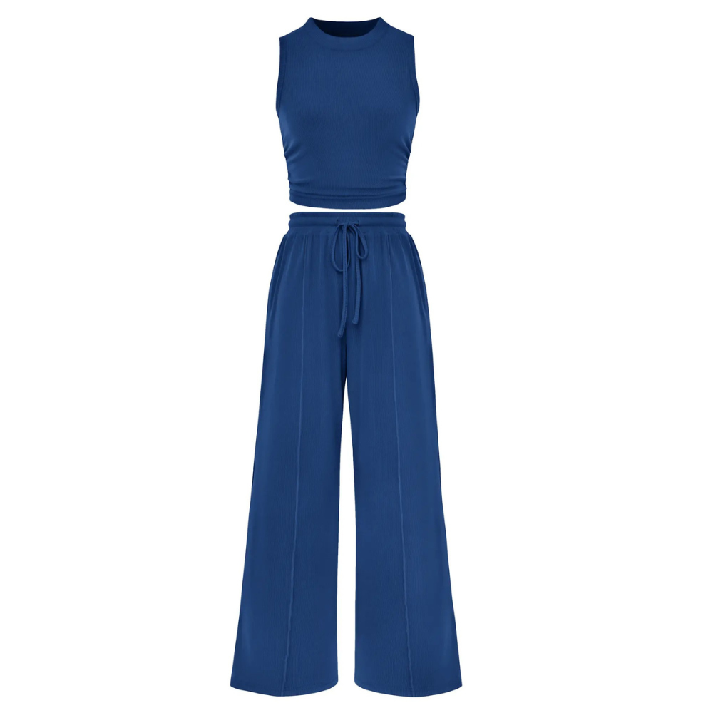 2 Piece Outfits Set With Sleeveless Crop Top And Wide Pants For Women