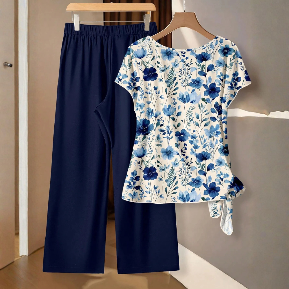 Casual Bowknot Shirt & Loose Straight Geometric Print Pants Set