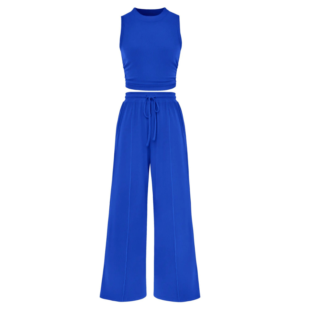 2 Piece Outfits Set With Sleeveless Crop Top And Wide Pants For Women