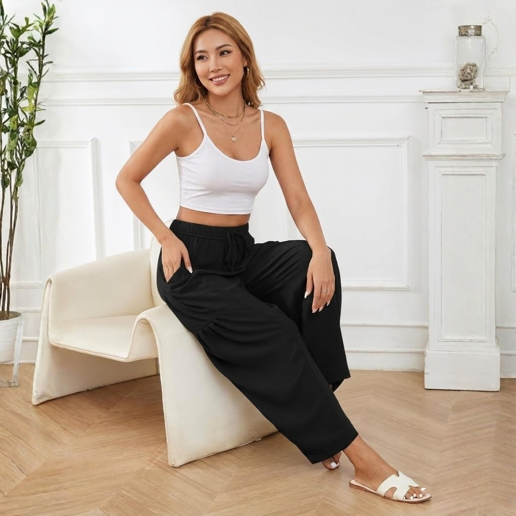 High Rise Flowy Palazzo Wide Harem Pants for Women With Drawstring and Pockets