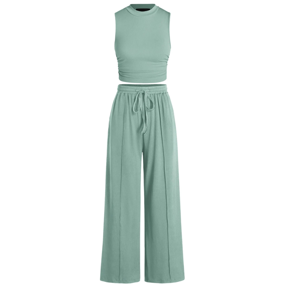 2 Piece Outfits Set With Sleeveless Crop Top And Wide Pants For Women