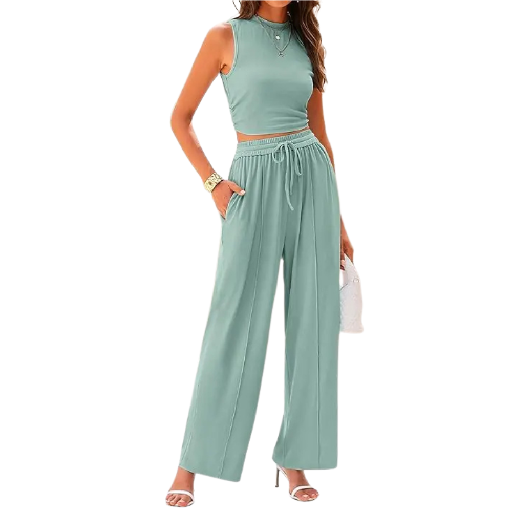 2 Piece Outfits Set With Sleeveless Crop Top And Wide Pants For Women