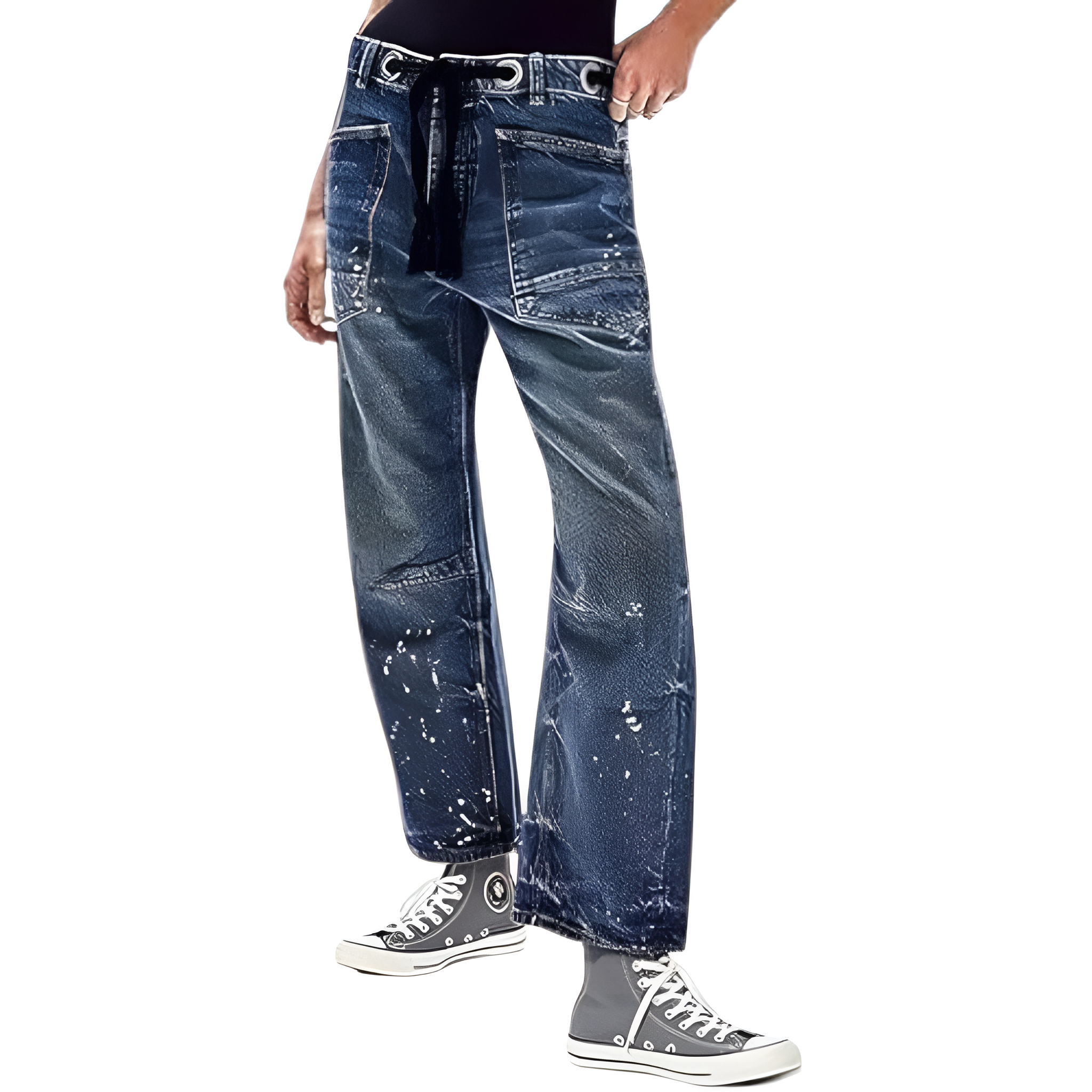 Mid Low Rise Drawstring Baggy Boho Denim Pants For Women