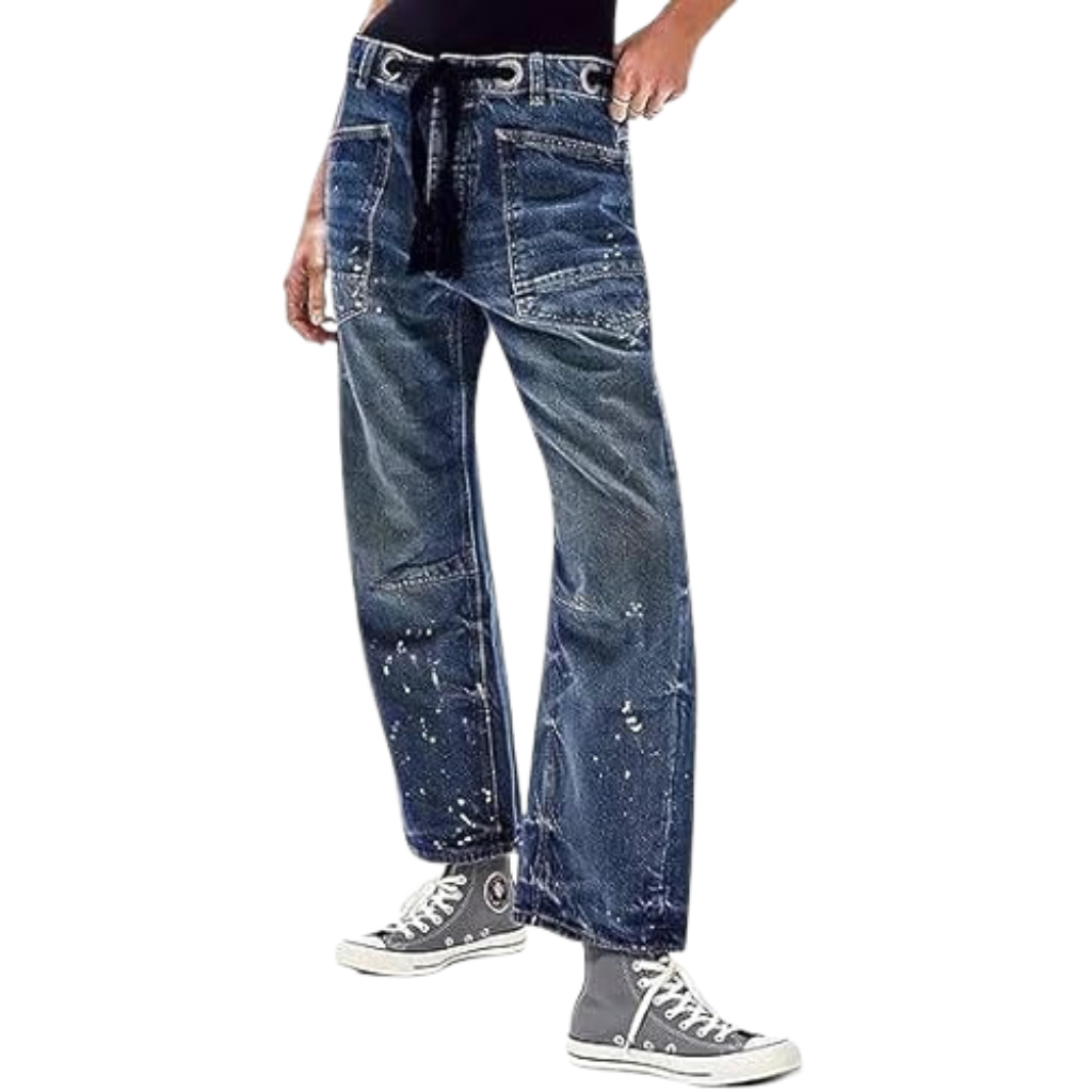 Mid Low Rise Drawstring Baggy Boho Denim Pants For Women