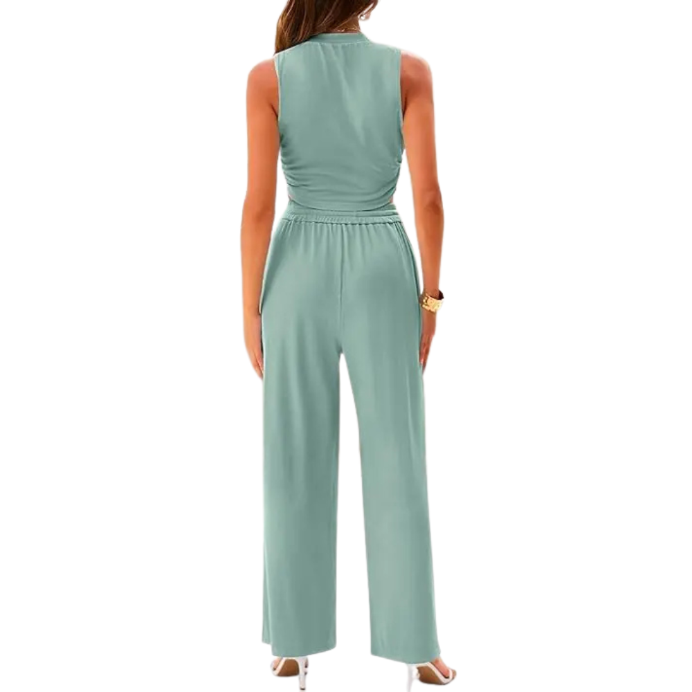 2 Piece Outfits Set With Sleeveless Crop Top And Wide Pants For Women