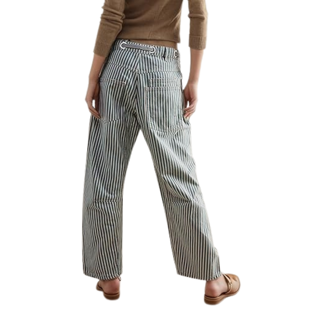 Striped Design Pull On Baggy Casual Denim Pants For Women