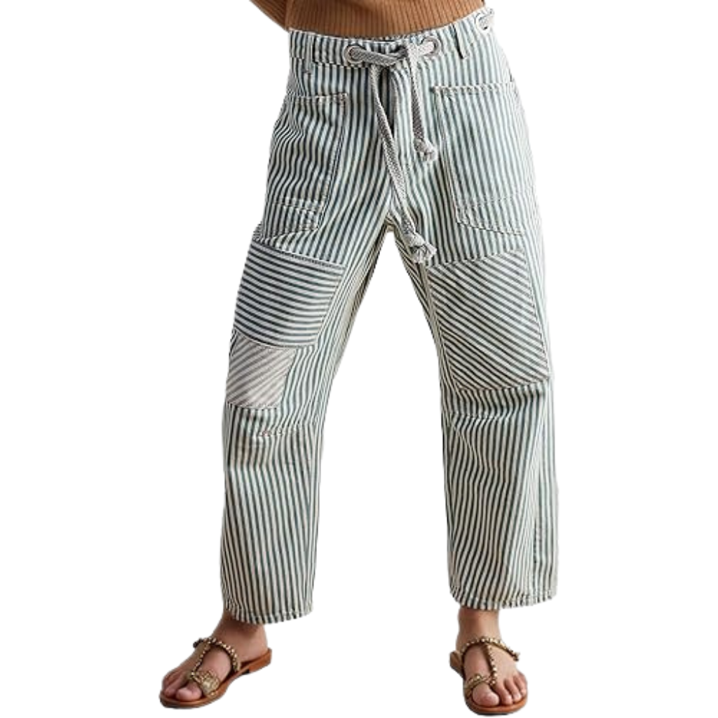Striped Design Pull On Baggy Casual Denim Pants For Women