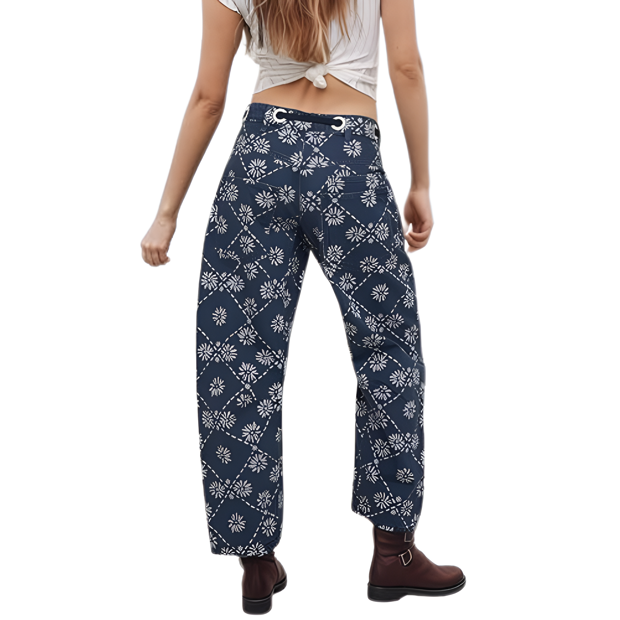 Retro Printed Barrel Denim Loose Fit Pants For Women