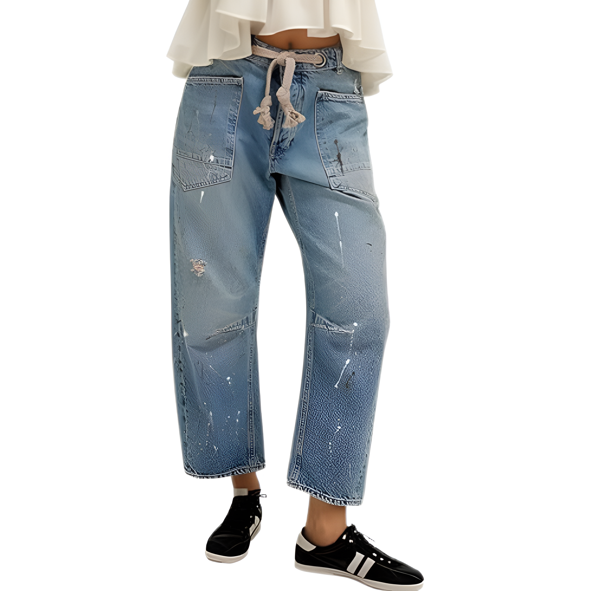 Mid Low Rise Drawstring Baggy Boho Denim Pants For Women