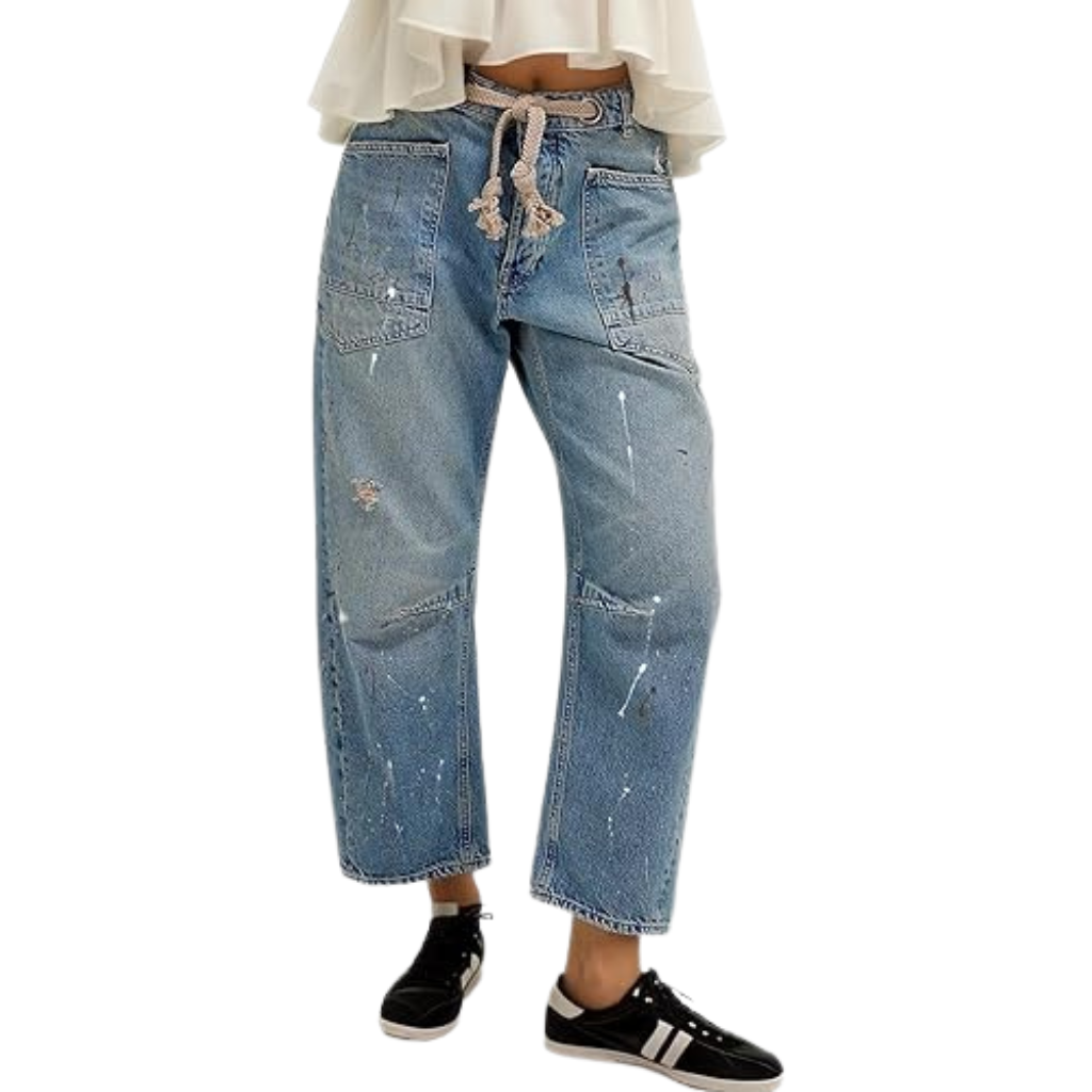 Mid Low Rise Drawstring Baggy Boho Denim Pants For Women