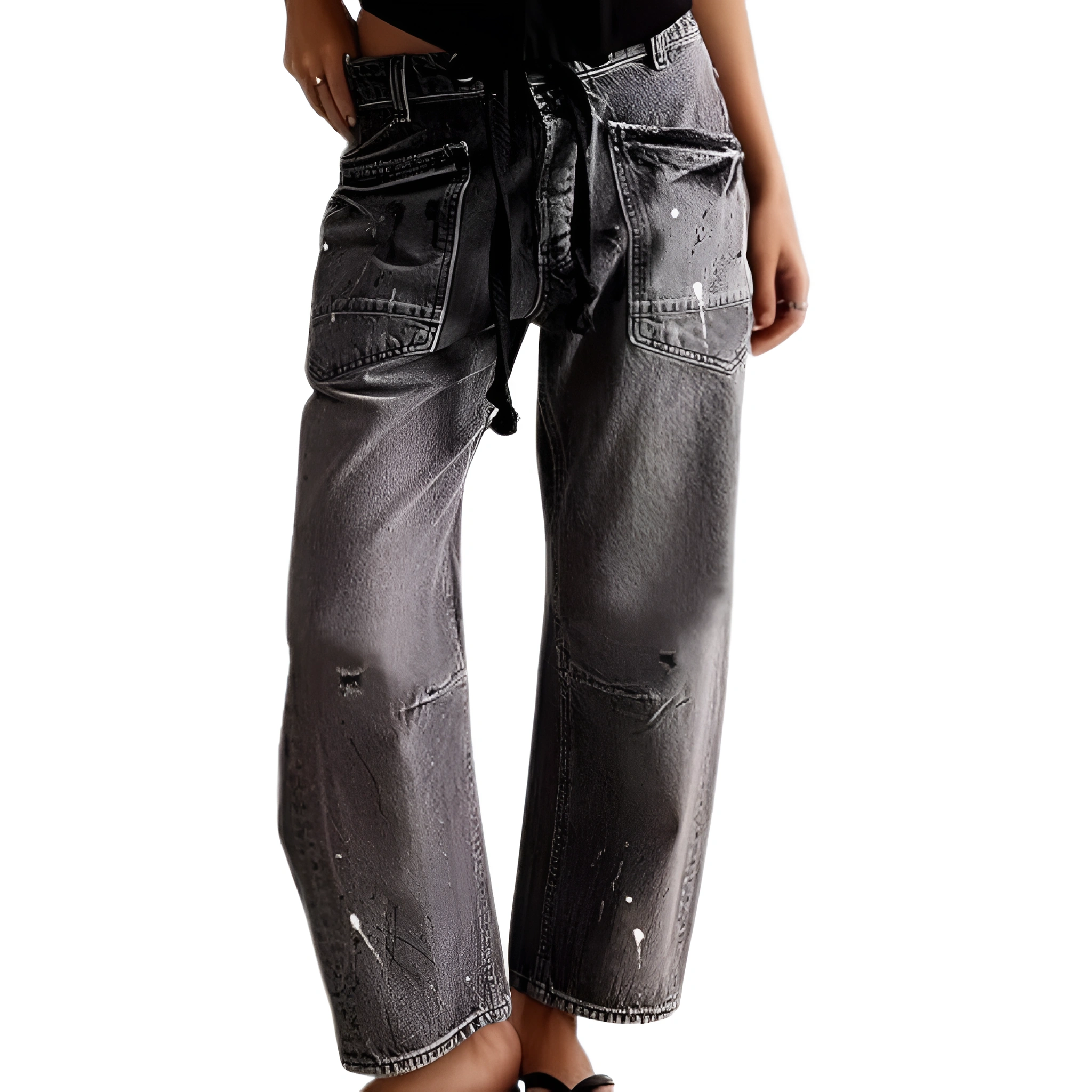 Mid Low Rise Drawstring Baggy Boho Denim Pants For Women