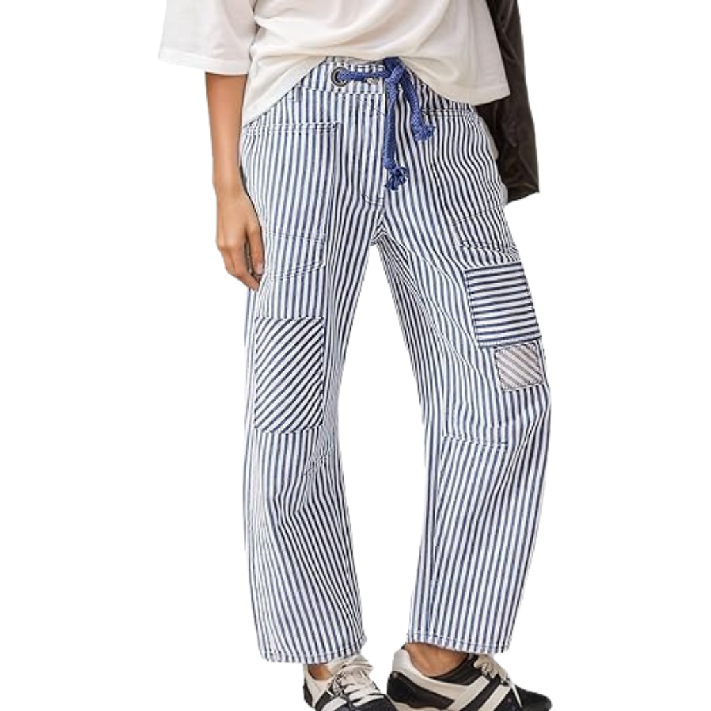 Striped Design Pull On Baggy Casual Denim Pants For Women