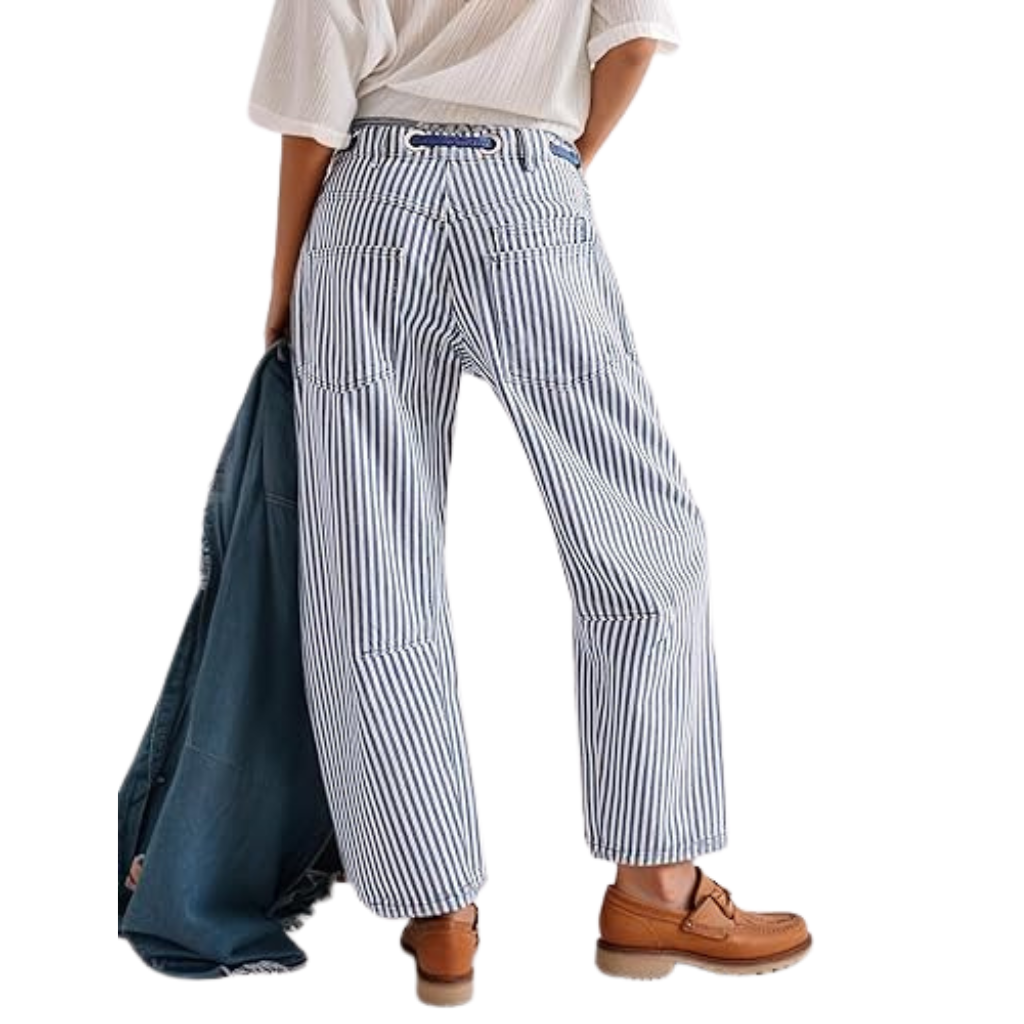 Striped Design Pull On Baggy Casual Denim Pants For Women