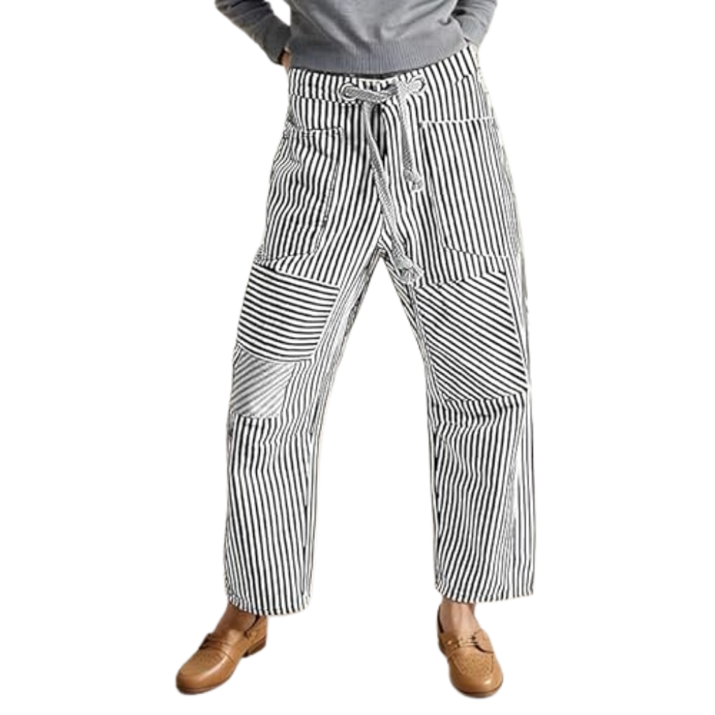 Striped Design Pull On Baggy Casual Denim Pants For Women