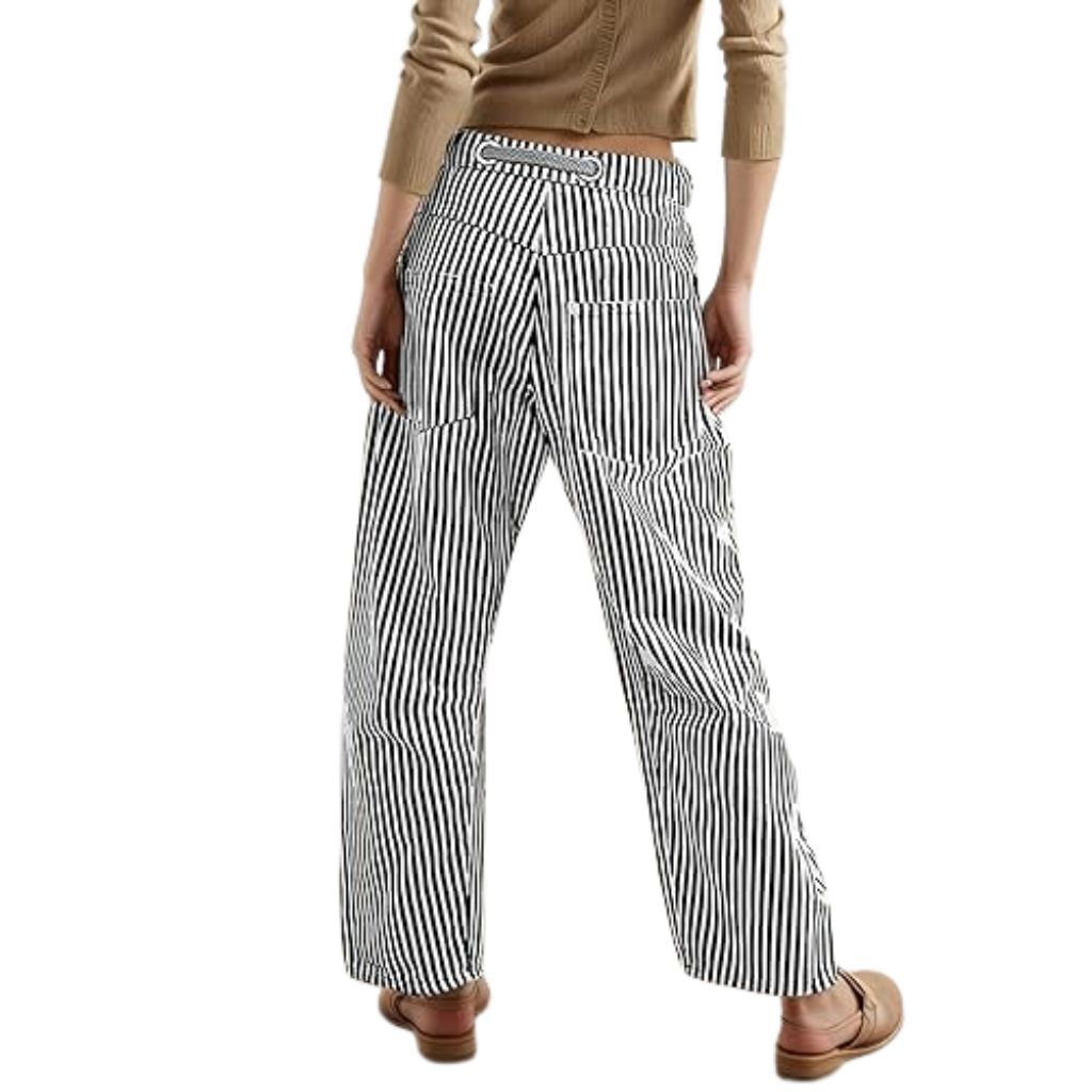 Striped Design Pull On Baggy Casual Denim Pants For Women
