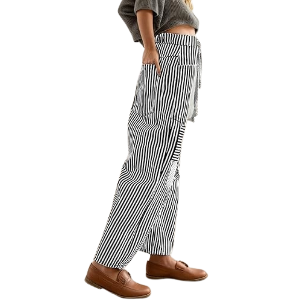 Striped Design Pull On Baggy Casual Denim Pants For Women