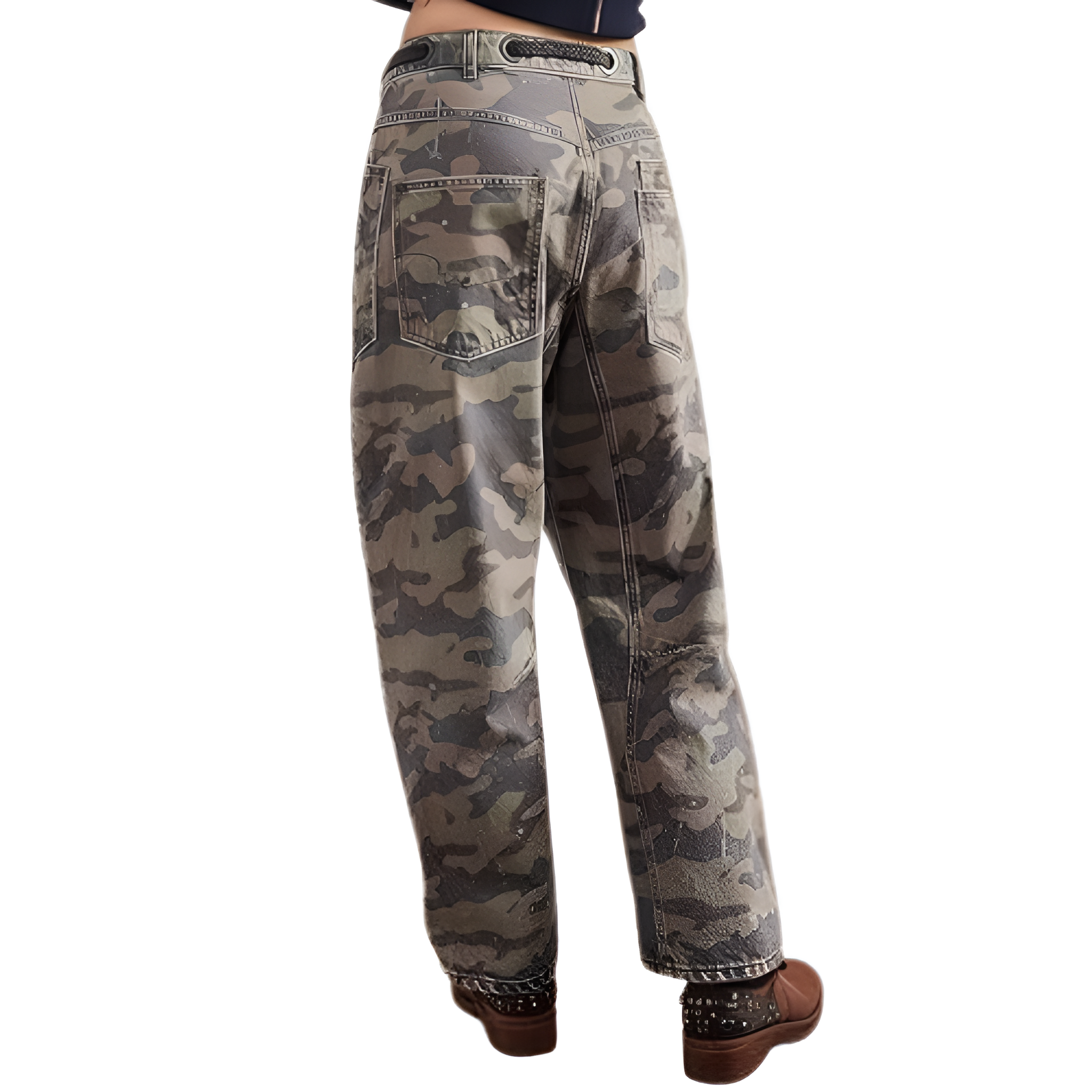 Retro Printed Barrel Denim Loose Fit Pants For Women