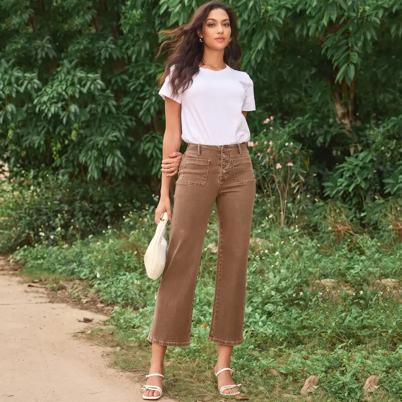 Stretchy Straight Fit Buttoned Loose Pants With Pockets For Women