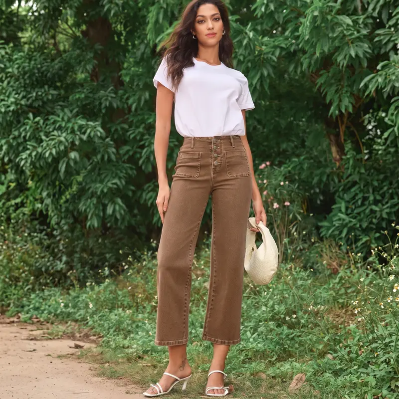 Stretchy Straight Fit Buttoned Loose Pants With Pockets For Women