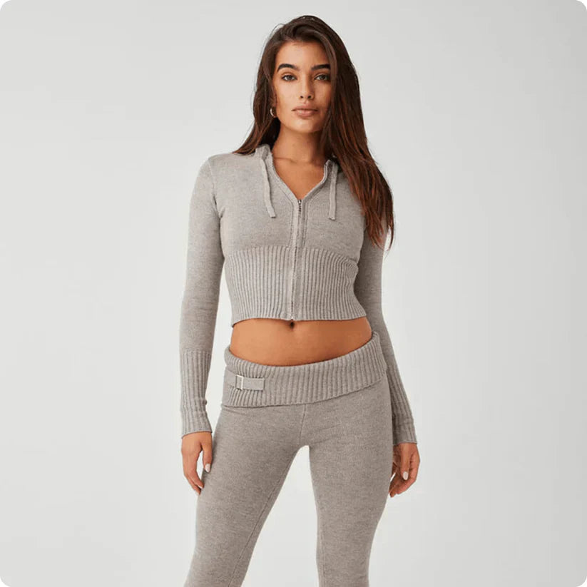 2 Piece Long Sleeve Fitted Crop Top And Pants Set-My Comfy Pant