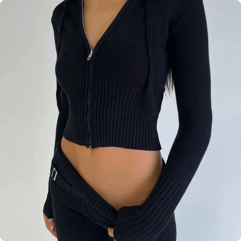 2 Piece Long Sleeve Fitted Crop Top And Pants Set-My Comfy Pant