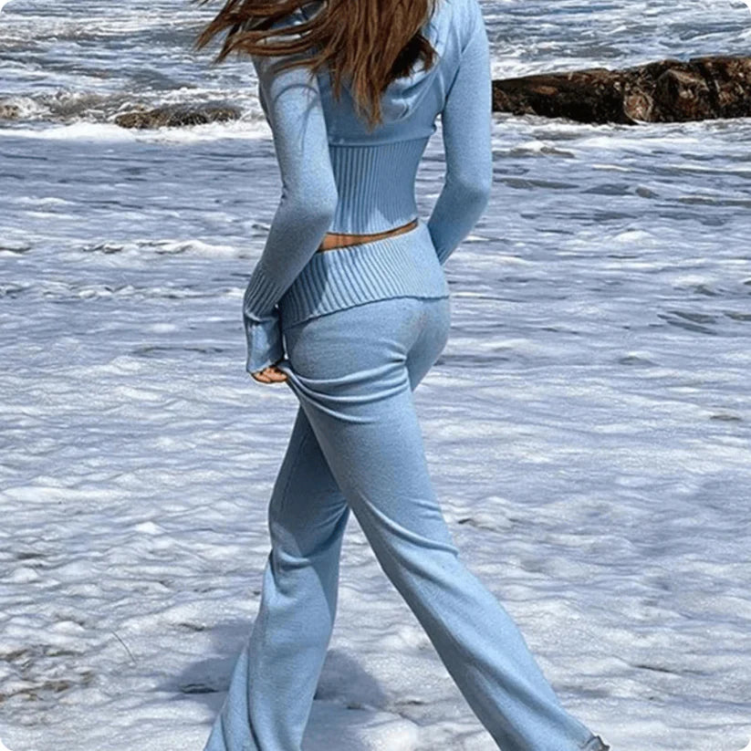 2 Piece Long Sleeve Fitted Crop Top And Pants Set-My Comfy Pant