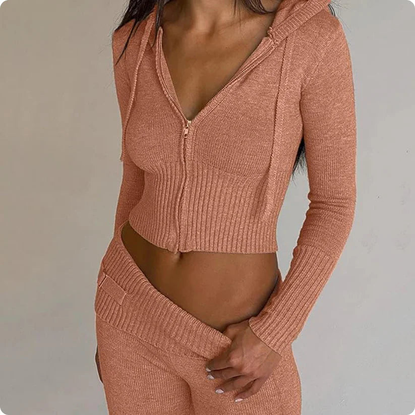 2 Piece Long Sleeve Fitted Crop Top And Pants Set-My Comfy Pant