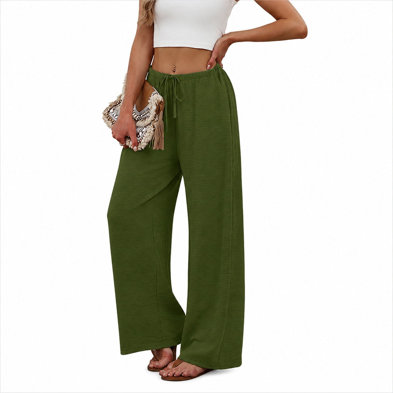 Flowy Palazzo Pants With Pockets And Drawstring Style For Women