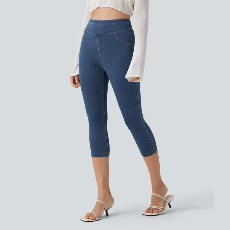 High Rise Stretchy Knit Denim Capri Leggings For Women