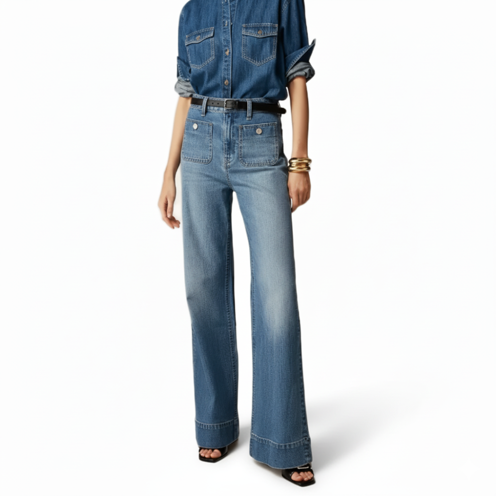 Sailor Style Patch Pocket Wide Cut Denim Jeans